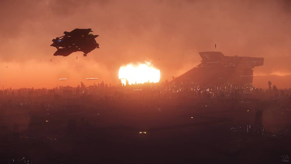 Star Citizen: Aurora Approaching Lorville at Dusk