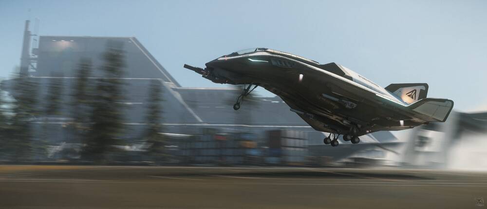 Star Citizen: Avenger Taking Off from a Distribution Center