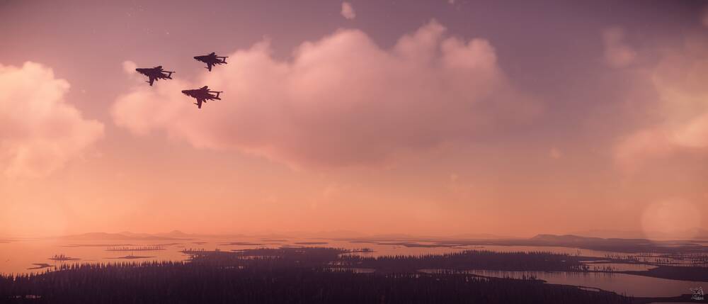 Star Citizen: Hornets in Vic Formation Over a Lake